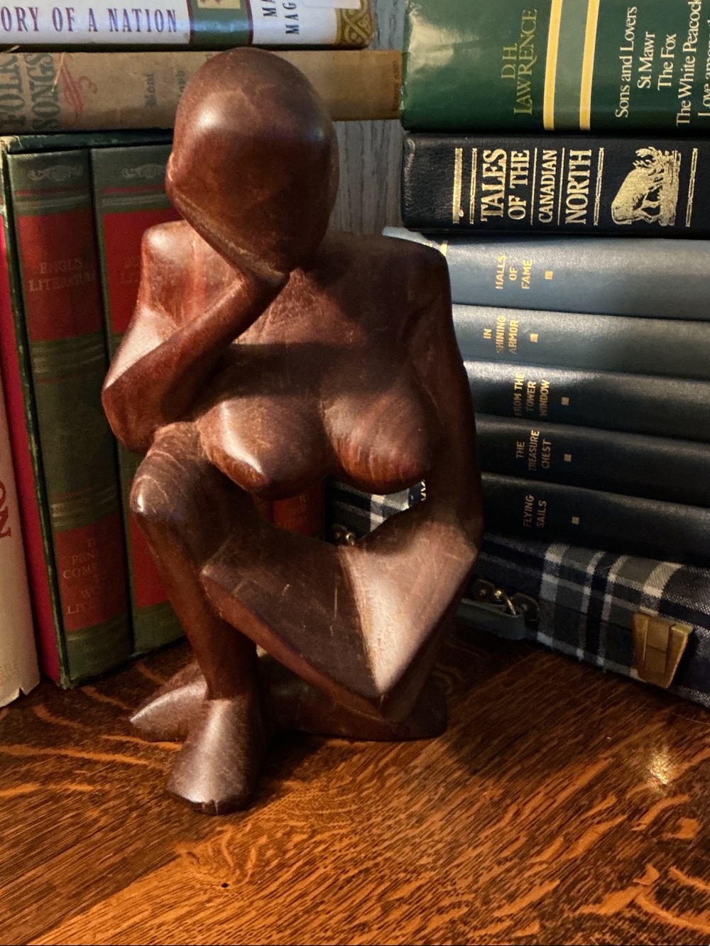 Vintage Mahogany Wood Sculpture “Thinking Reading Woman”